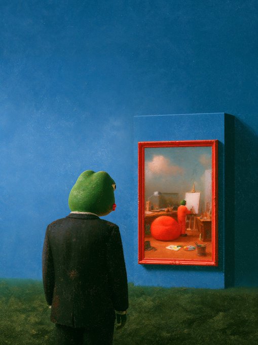 A surreal painting features a figure with a green frog head in a suit viewing a framed artwork that depicts a similar frog-headed figure painting at an easel.