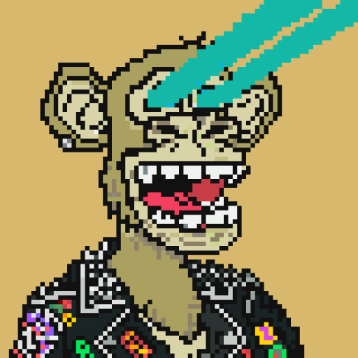 A pixel art image of a crazed-looking monkey with an open mouth, wide grin, and blue energy beams shooting from its head, wearing a black jacket with colorful patches.