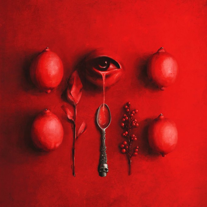 A surreal, dark artistic composition features a dripping eye, pomegranates, a leaf, berries, and a skull-handled spoon arranged against a deep red background.