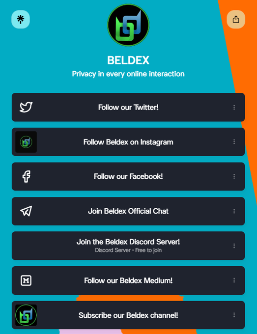 A mobile app interface for BELDEX featuring the tagline 'Privacy in every online interaction' with a list of social media follow options including Twitter, Instagram, Facebook, Telegram, Discord, and Medium.