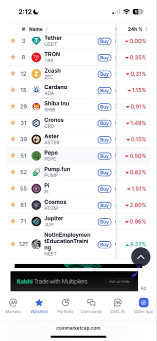 A CoinMarketCap watchlist on a mobile device showing cryptocurrencies including Tether, Tron, Zcash, Cardano, Shiba Inu, Cronos, Aster, Pepe, Pump.fun, Pi, Cosmos, Jupiter, and NotInEmploymentTraining with most showing price declines.
