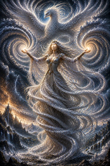 A fantastical illustration depicts a woman in a flowing, sparkling silver dress with arms outstretched, as a large white phoenix-like bird rises behind her amidst swirling clouds and a starry sky.