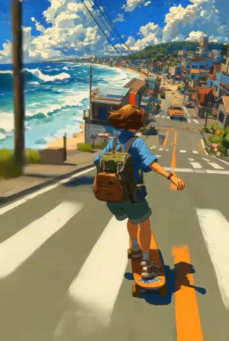 The image features a person riding a skateboard down a street, with buildings visible in the background. The scene appears to be set near a beach or ocean, as there are waves crashing onto the shoreline. A backpack can also be seen on the ground nearby. The image is accompanied by a caption that reads "Focus on what is in the image and how it relates to the post".