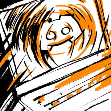 A rough sketch-style drawing of a person with a wide grin and blank eyes, rendered in black, white, and orange tones.