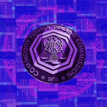 The image displays the official seal of the Commodity Futures Trading Commission (CFTC), established in 1975, prominently featuring its eagle, scales of justice, and hexagonal border design. The seal is overlaid on a vibrant purple and blue background patterned with repeated "CFTC" lettering, visually reinforcing the agency's role as the regulator referenced in the post about proposed rules enabling federal oversight of leveraged and margined spot crypto trading for retail customers.