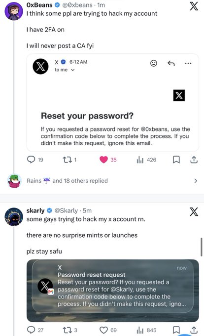 Two tweets from crypto influencers @0xbeans and @Skarly showing password reset emails they claim are hacking attempts on their X accounts, with Beans' post receiving 426K views and Skarly's receiving 845 views.