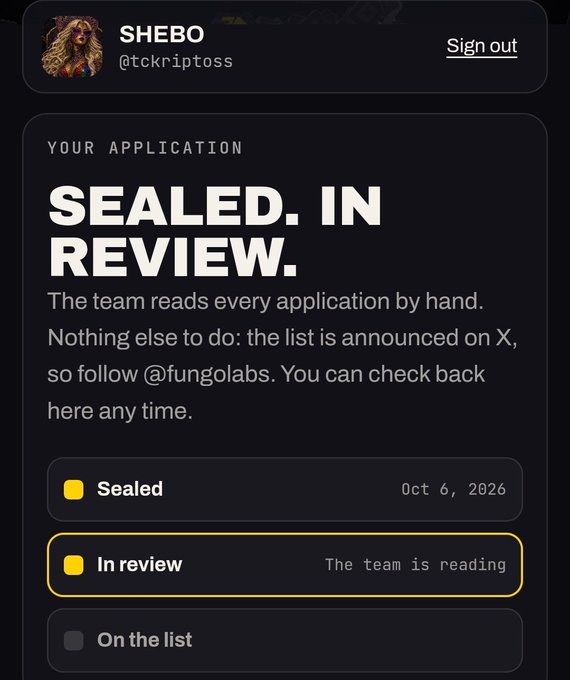 An application status page for SHEBO (@tckriptoss) showing "SEALED. IN REVIEW" with checkboxes for Sealed, In review, and On the list, dated October 6, 2026.