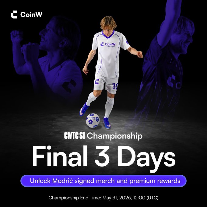 The image features a soccer player kicking a ball, with a poster for CoinW Championship 3 Days in the background. The poster includes text that reads "Luka Modrić escolheu a CoinW. 7 anos de mercado. Milhões de usuários. Agora eles lançaram o maior torneio de trading do momento, até 10 BTC em prêmios, aberto pra qualquer nível, ... @CoinWOfficial". The image also includes a link to the CoinW Official website for more information about the event and how to participate.
