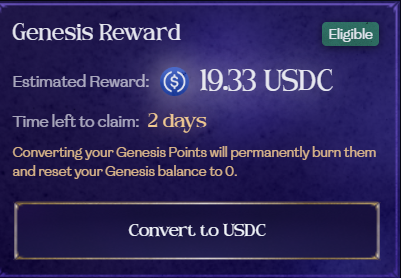 A 'Genesis Reward' interface showing an estimated reward of 19.33 USDC, with 2 days left to claim and a warning that converting Genesis Points will permanently burn them and reset the balance to 0.