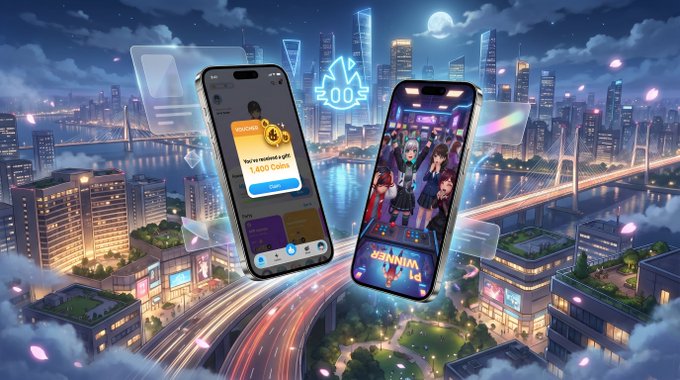 A promotional image shows two smartphones displaying apps against a stylized nighttime cityscape background with bridges, skyscrapers, and a full moon.