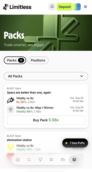 A screenshot of the 'Limitless' app showing the 'Packs' section with a green 'Deposit' button, displaying BLAST Open matchups like 'Vitality vs 9z' with 'Vitality 9z 26%' and 'Vitality 68%' odds, plus a 'Buy Pack 5.56x' option and '7 live PvPs'.