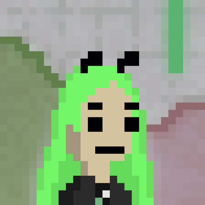 A heavily pixelated, low-resolution close-up of an anime-style character with bright green hair, black eyes, and a neutral expression.