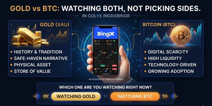 BingX marketing graphic titled 'GOLD vs BTC: WATCHING BOTH, NOT PICKING SIDES,' comparing Gold (XAU) and Bitcoin (BTC) attributes with options to 'WATCHING GOLD' or 'WATCHING BTC'.