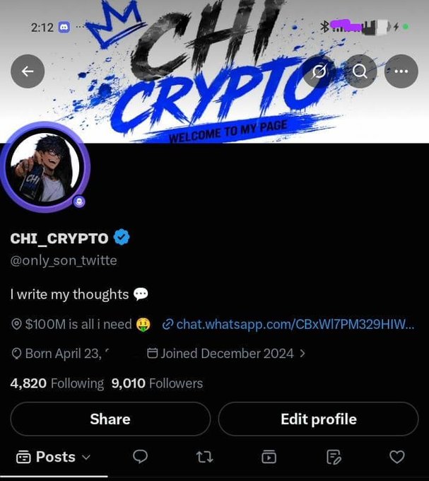 A screenshot of a Twitter/X profile for "CHI_CRYPTO" (@only_son_twittee), a verified account with 9,010 followers, displaying the banner "CHI CRYPTO - Welcome to My Page" with a stylized logo. The post celebrates reaching the 9k follower milestone, matching the follower count shown on the profile.
