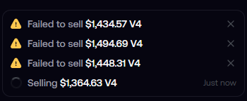 A mobile screenshot shows a cryptocurrency trading app notification panel displaying multiple failed sell orders: "Failed to sell $1,434.57 V4," "Failed to sell $1,494.69 V4," and "Failed to sell $1,448.31 V4," alongside a current active "Selling $1,364.63 V4" alert marked "Just now." The image illustrates the user's frustration as referenced in the post, showing repeated transaction failures for a V4 token sell attempt that won't go through despite being well above the current price.