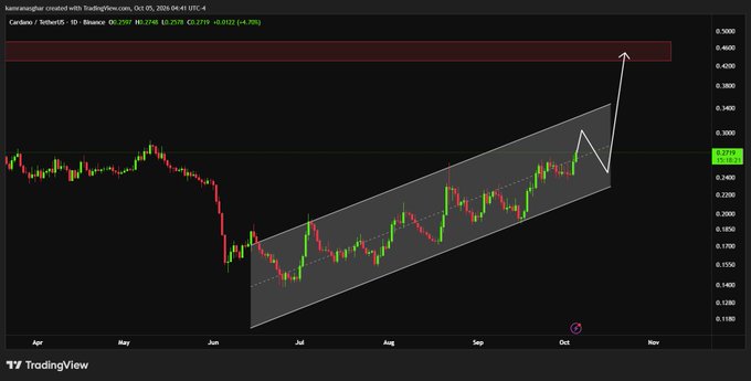 A TradingView chart for Cardano/TetherUS (ADA/USDT) on Binance shows price action with an ascending channel pattern, a dashed midline, and a projected arrow pointing toward a red resistance zone near 0.45-0.50, currently priced at 0.2597 (-4.3%).