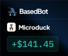 The image shows a trading app interface displaying a portfolio gain of +$141.45 for "Microduck" (a play on Micron's ticker MU), credited to the account "BasedBot." The "+$141.45" gain visually reinforces the post's celebration of a profitable trading day, with the "3 more mil" likely referring to adding to a Micron position.