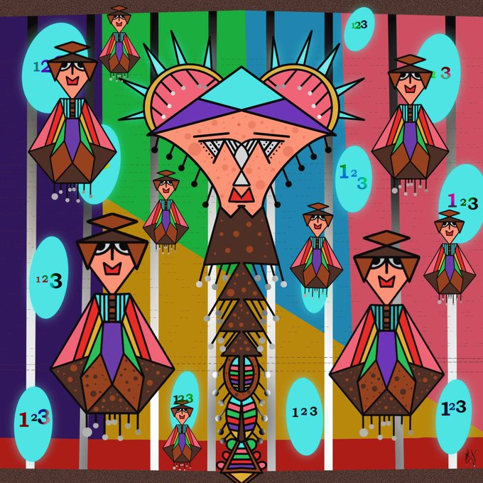 A colorful, abstract cubist-style painting featuring multiple geometric figures wearing graduation caps, with the numbers "123" repeated in teal ovals throughout the composition.