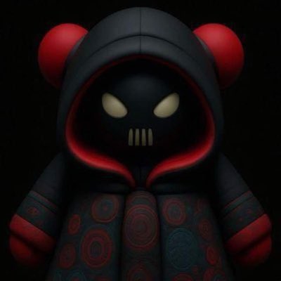 A dark, ominous figure wearing a red and black hooded outfit with glowing yellow eyes and a vertical mouth design, resembling a stylized character design.