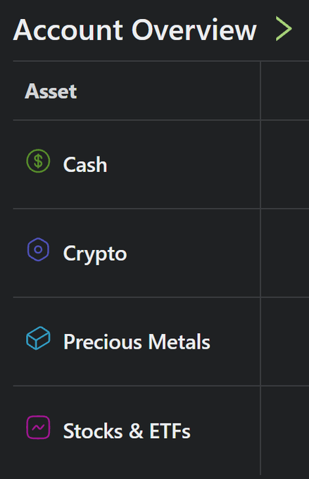 A mobile app account overview menu on a dark background listing asset categories: Cash, Crypto, Precious Metals, and Stocks & ETFs, each accompanied by a colored icon.