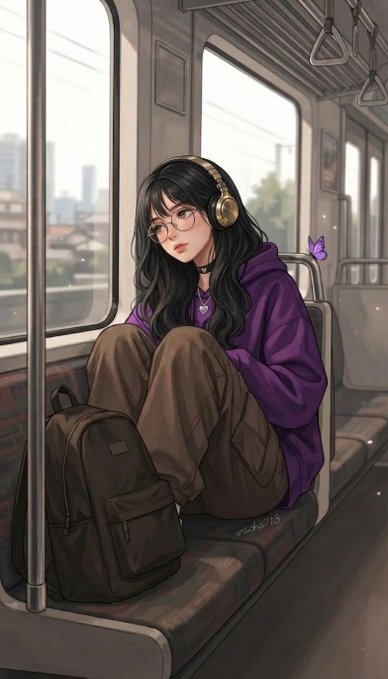 An anime-style illustration of a girl with long black hair, glasses, and headphones sitting on a train seat in a purple hoodie, with a backpack beside her and a small purple butterfly nearby.