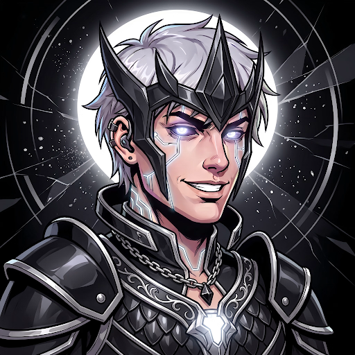 A digital illustration of a smirking character with glowing white eyes, wearing a spiked black helmet and dark armor, set against a circular, moon-like background with stars.