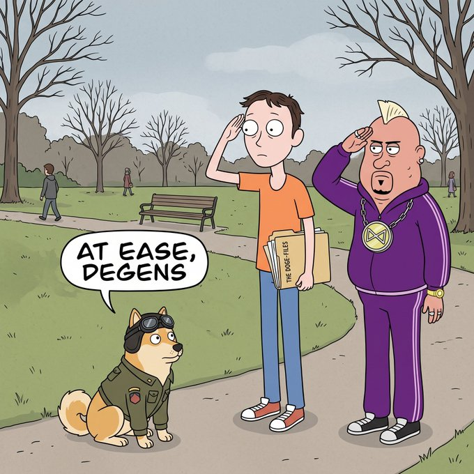 A cartoon illustration in a park showing a Shiba Inu dog in military gear with goggles saying 'AT EASE, DEGENS' in a speech bubble, while a man and a muscular figure in purple tracksuits salute.