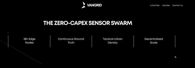 The image shows a sleek black webpage banner for Vangrid featuring the headline "THE ZERO-CAPEX SENSOR SWARM" alongside four key value points: "38+ Edge Nodes," "Continuous Ground Truth," "Tactical Urban Density," and "Decentralized Scale."

This banner ties into the post about Robert Brighton's background, as it showcases Vangrid's hardware-focused sensor technology platform—relevant context for someone who previously worked on cutting-edge hardware like Microsoft's Quantum Computing and HoloLens teams.
