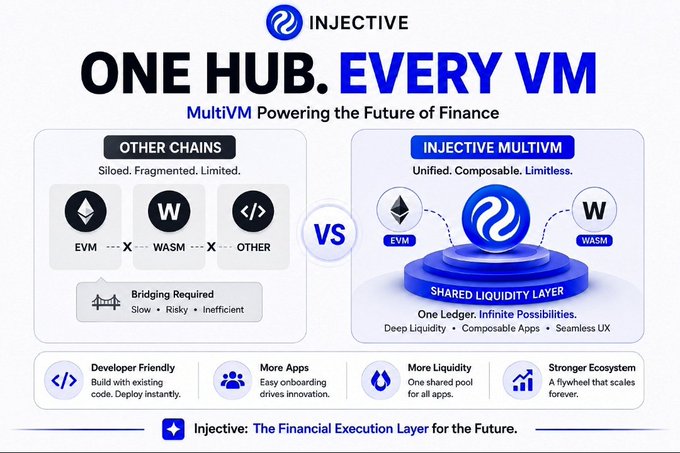 The image is a promotional graphic for Injective titled "ONE HUB. EVERY VM" with the subtitle "MultiVM Powering the Future of Finance." It contrasts fragmented multi-chain ecosystems (EVM, WASM, Other) requiring bridging on the left with Injective's unified MultiVM architecture—featuring a shared liquidity layer connecting EVM and WASM—on the right, emphasizing benefits like developer-friendliness, more apps, deeper liquidity, and a stronger ecosystem, tying directly to the post's explanation of MultiVM as the secret behind Injective's rapid scaling.