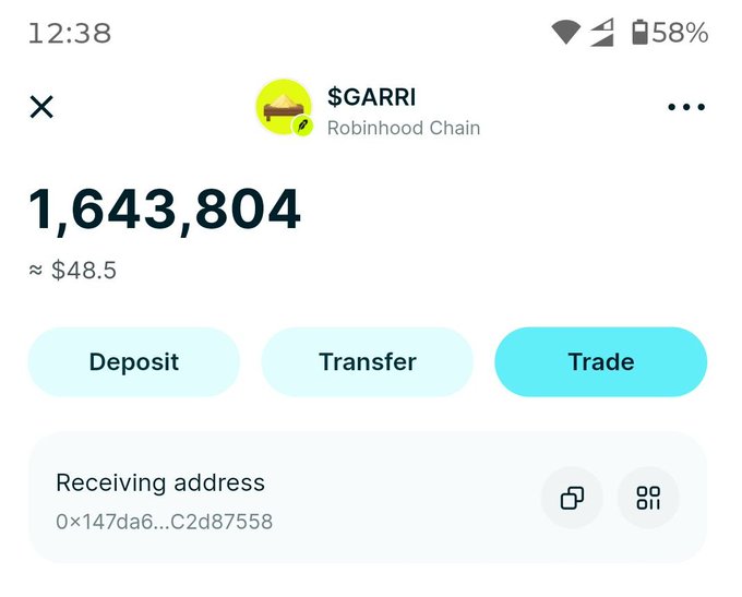A mobile cryptocurrency wallet screenshot showing $GARRI on Robinhood Chain with a balance of 1,643,804 tokens (~$48.5) and Deposit, Transfer, and Trade options.