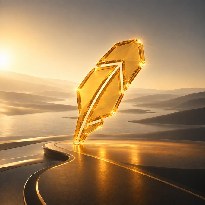 A 3D-rendered golden, crystal-like geometric shape stands on a reflective golden surface in a desert landscape bathed in warm sunlight.