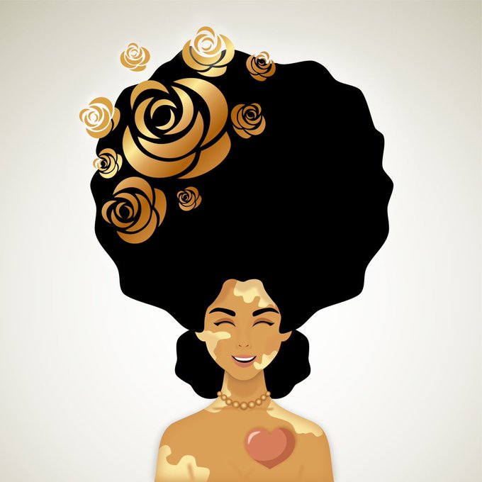 An artistic illustration of a smiling woman with voluminous black afro hair decorated with golden roses, wearing a pearl necklace and a heart necklace.