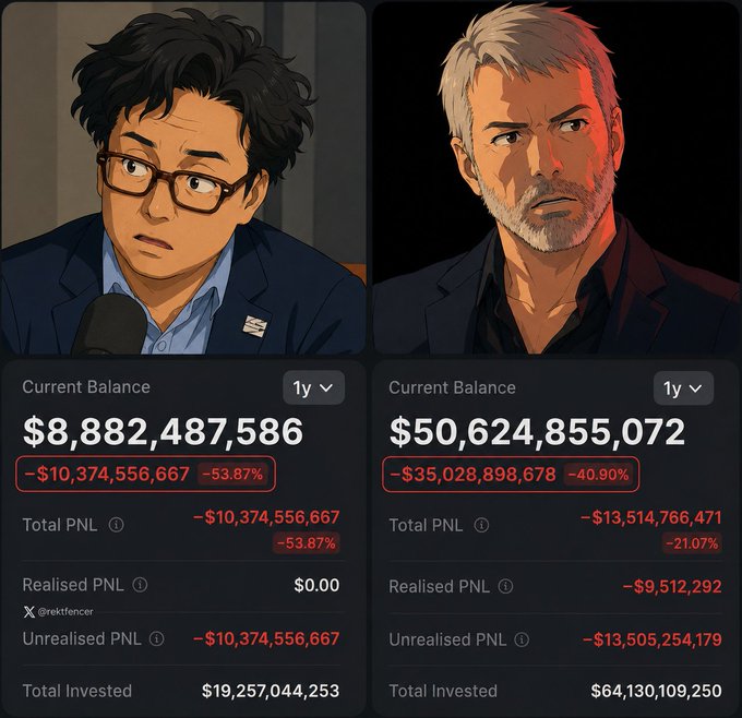 Two animated characters are shown above crypto trading dashboards: a younger man (labeled @rekttencer) with a current balance of $8,882,487,586 (−53.87%, down −$10,374,556,667), and an older gray-haired man with a balance of $50,624,855,072 (−40.90%, down −$35,028,898,678), illustrating the caption's joke that even whales lose tens of billions during bear markets while small traders panic over tiny losses.