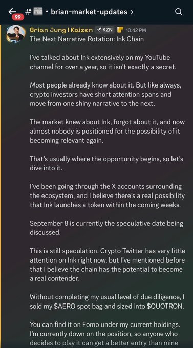 A Telegram post from "Brian Market Updates" where Brian Jung discusses Ink Chain, noting a speculative token launch date of September 8 and mentioning he sold his $AERO spot bag to buy $QUOTRON while researching Ink's ecosystem. The post relates to the accompanying caption by highlighting the September 8th potential catalyst for $INK and the community-driven allocation news shared.