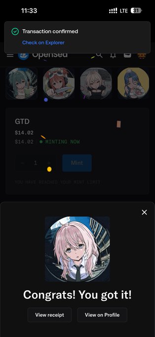 Mobile phone screenshot of the OpenSea app showing a successful NFT mint transaction confirmation at 11:33, with a 'Congrats! You got it!' message and an anime-style character artwork.