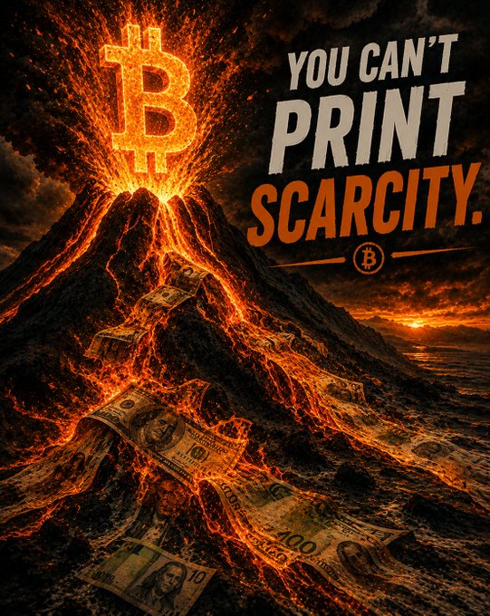 A dramatic volcanic eruption with a glowing Bitcoin symbol at the peak sends rivers of molten lava flowing down through melting paper currency bills. Bold text reads "YOU CAN'T PRINT SCARCITY.₿", reinforcing the post's message that fiat money has no fixed supply while Bitcoin does.