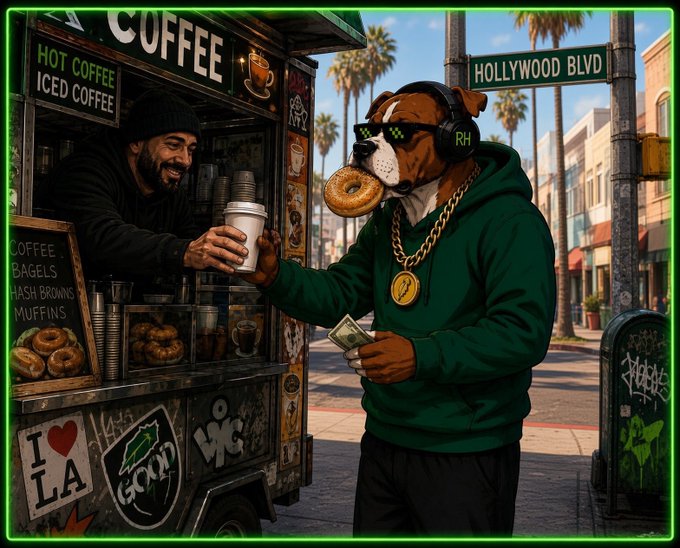 A smiling vendor hands a coffee and a donut to an anthropomorphic bulldog wearing sunglasses, a gold chain, and a green hoodie with "RH" headphones, standing under a "Hollywood Blvd" sign while holding cash. The scene perfectly captures the post's "All $GOOD in the Hood" tagline, blending LA street hustle with the mascot's confident, community-building energy.