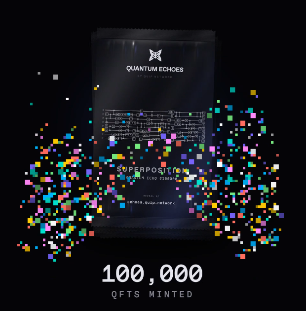 Digital art promoting 'QUANTUM ECHOES' and 'SUPERPOSITION' quantum echo pioneer NFTs, celebrating '100,000 QFTS MINTED' with colorful pixelated particles bursting from a dark package.