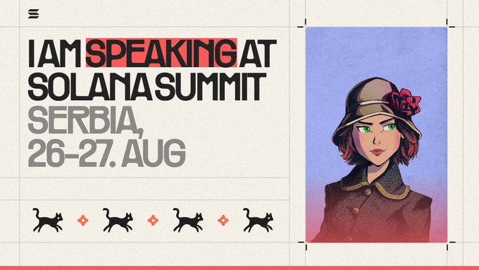 Promotional graphic reading 'I AM SPEAKING AT SOLANA SUMMIT SERBIA, 26-27. AUG' featuring an anime-style female character illustration with a hat and green eyes.