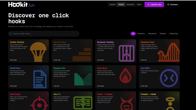 Screenshot of the 'Hookit.fun' website with the heading 'Discover one click hooks', displaying various DeFi token hooks like 'Holder Airdrop', 'Buyback Vesting', and 'Dynamic Fees'.