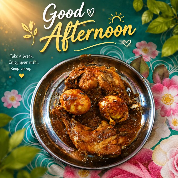 A 'Good Afternoon' greeting graphic features a bowl of chicken and egg curry served on a decorative floral surface, with the message 'Take a break, Enjoy your meal, Keep going.'