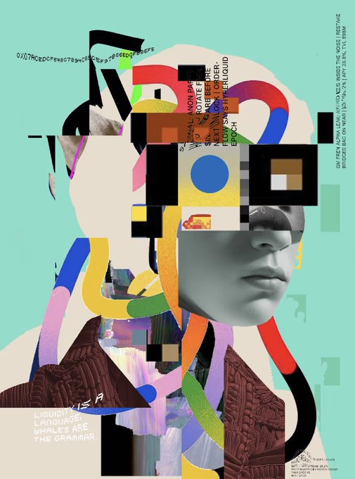 The image features a collage of various elements, including a person's face with a large headband, a blue square, and other colorful shapes that create an abstract composition. The text "CHAOS ARCHITECT just sold for 0.75ETH on the secondary market!" is present in the image, which suggests that the artwork has been sold or is being advertised for sale. This post seems to be promoting chaos architecture as a form of art and possibly discussing its value in the art world.