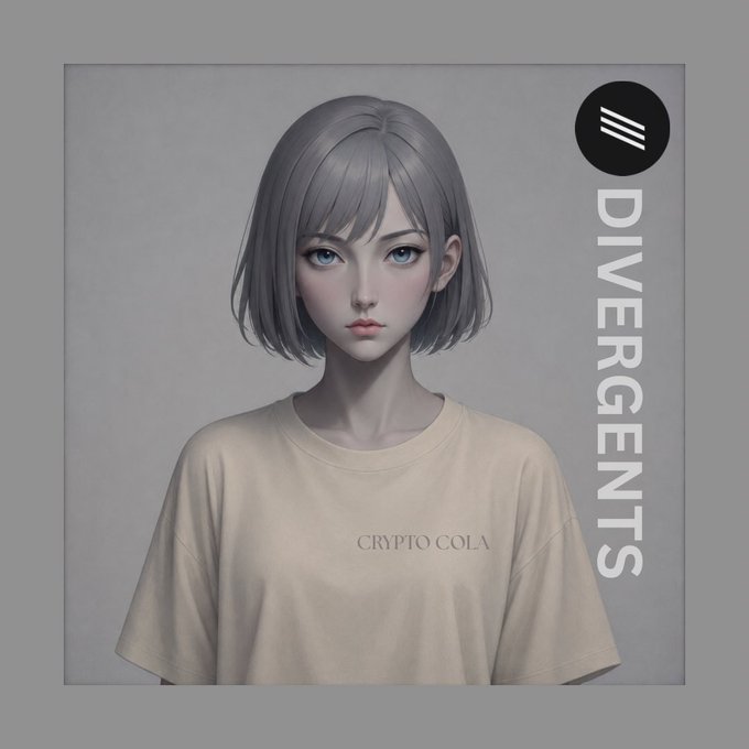 An anime-style digital portrait of a short-haired girl wearing a t-shirt labeled 'CRYPTO COLA', with 'DIVERGENTS' branding in the top right corner.