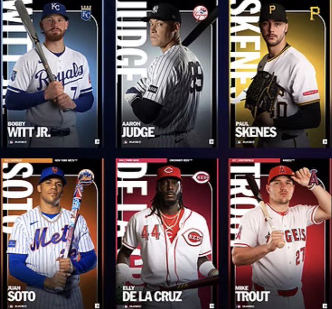Six baseball trading cards featuring players Bobby Witt Jr. (Royals), Aaron Judge (Yankees), Paul Skenes (Pirates), Juan Soto (Mets), Elly De La Cruz (Reds), and Mike Trout (Angels).