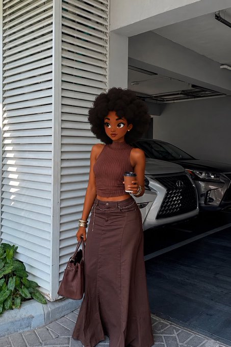 A Black woman with a curly afro standing in a parking garage next to a silver Lexus SUV, wearing a brown sleeveless turtleneck top and a long brown skirt while holding a coffee cup and a small bag.
