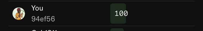 A dark interface displaying the username 'You' with the ID '94ef56' and the number '100' in a green box.