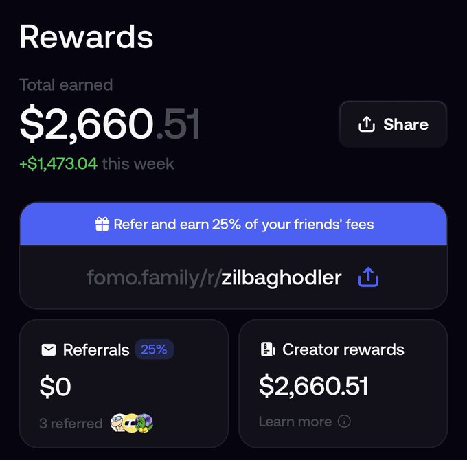 A dark-themed rewards dashboard displays a total earned amount of $2,660.51, an increase of $1,473.04 this week, and a referral link to fomo.family/r/zilbaghodler.