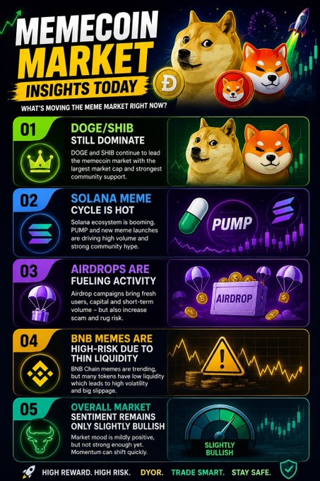 Crypto infographic titled 'MEMECOIN MARKET INSIGHTS TODAY' highlighting trends for DOGE/SHIB, Solana meme cycle, airdrops, BNB memes, and noting the market mood is 'SLIGHTLY BULLISH'.