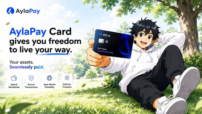 An anime-style character in a white hoodie relaxes under a tree in a sunlit park, proudly holding up an AylaPay card beside the tagline "AylaPay Card gives you freedom to live your way," with feature highlights for "Spend Worldwide," "Secure Transactions," "Real-World Flexibility," and "Built for Freedom"—visually reinforcing the post's message that true financial freedom comes from being able to spend your crypto seamlessly in everyday life.