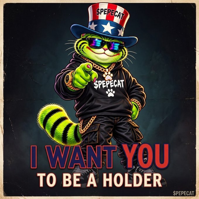 A stylized digital illustration of a green cat wearing an Uncle Sam hat, sunglasses, gold chains, and a '$PEPECAT' hoodie, with the text 'I WANT YOU TO BE A HOLDER' displayed below.